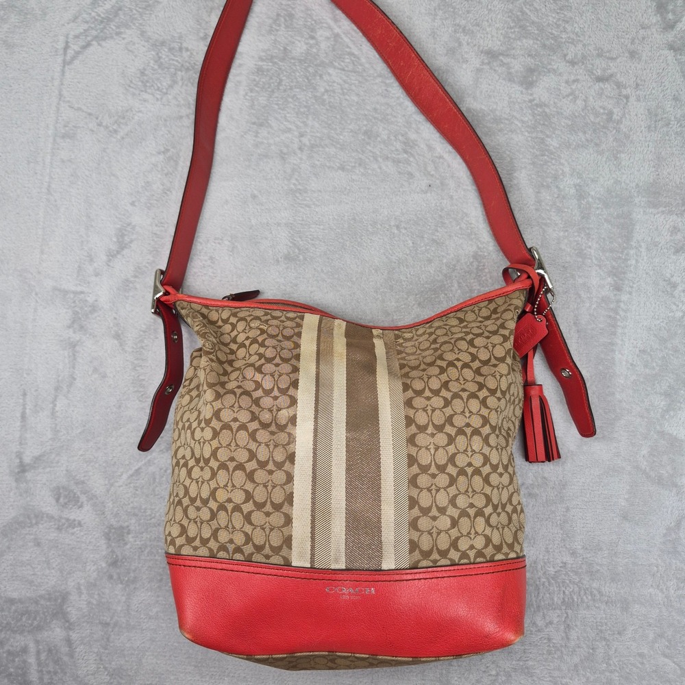 Coach Signature Stripe Hobo Bag Khaki Red Monogram Canvas Leather 19918
